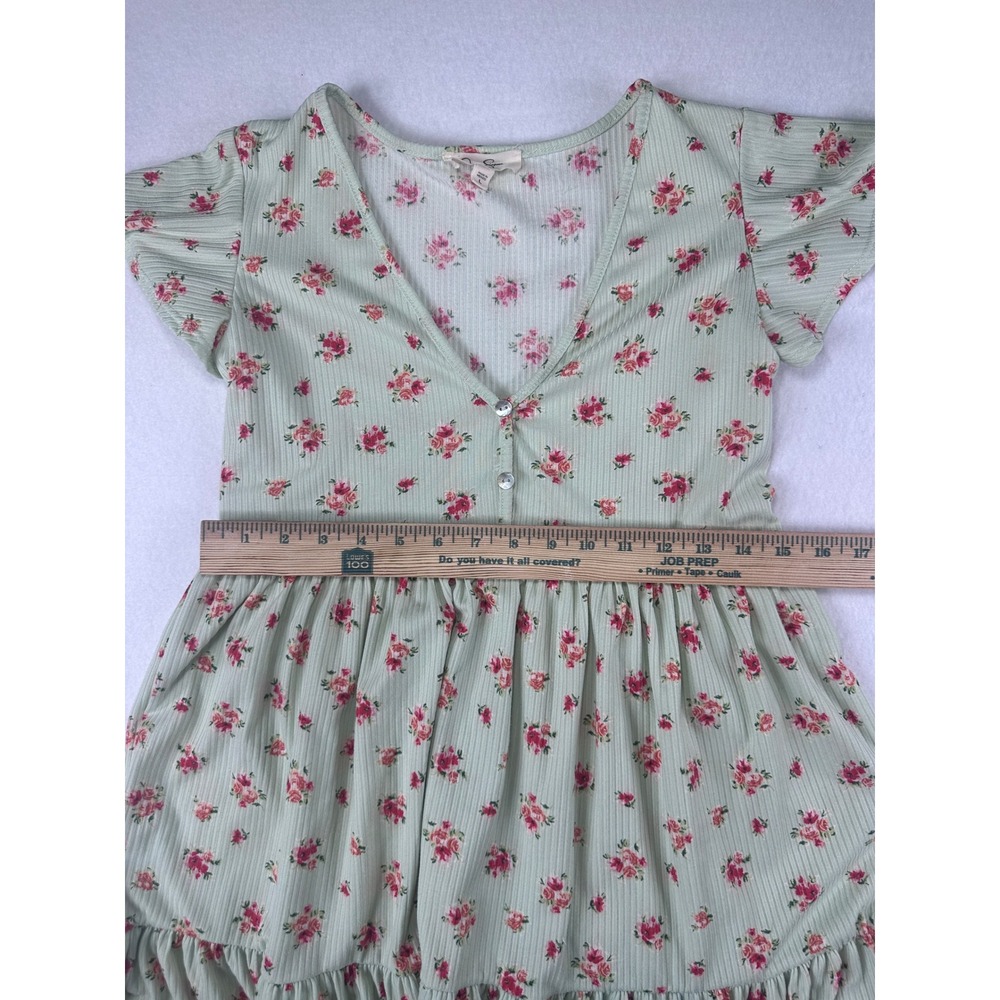 Jessica Simpson Women Floral Ribbed Babydoll Mini Dress Sage Green Pink Rose L - Picture 10 of 12